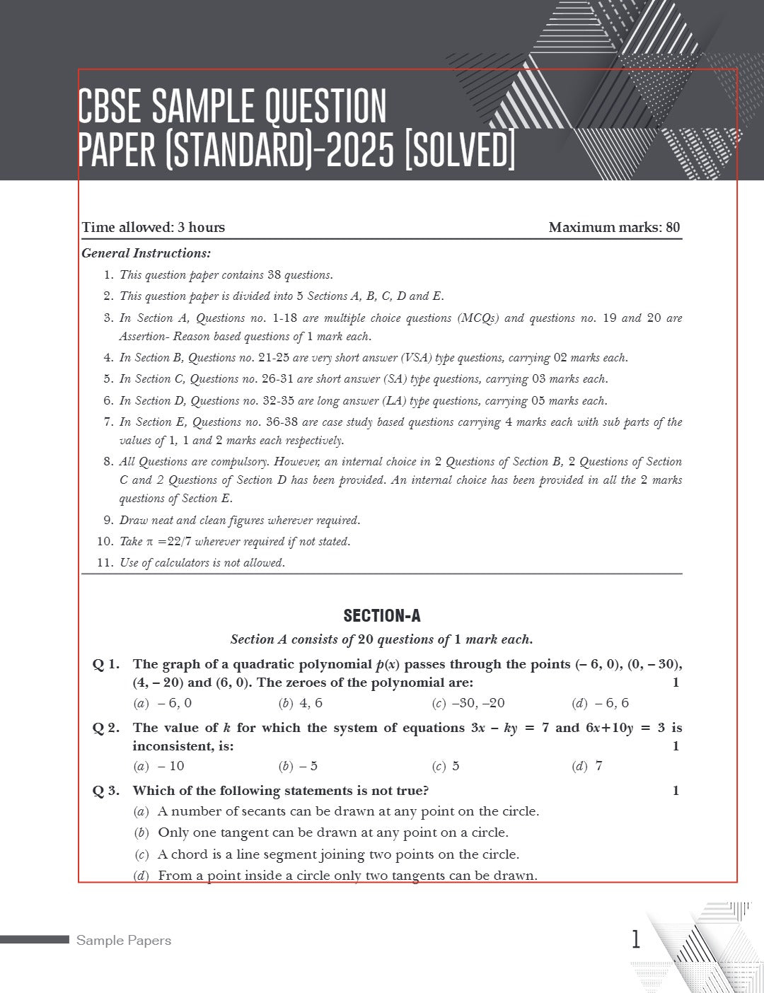 Xamidea Class 10 Mathematics Sample Papers for 2025 Board Exams | 15 Latest Papers Based on CBSE Sample Paper issued on Sept 2024