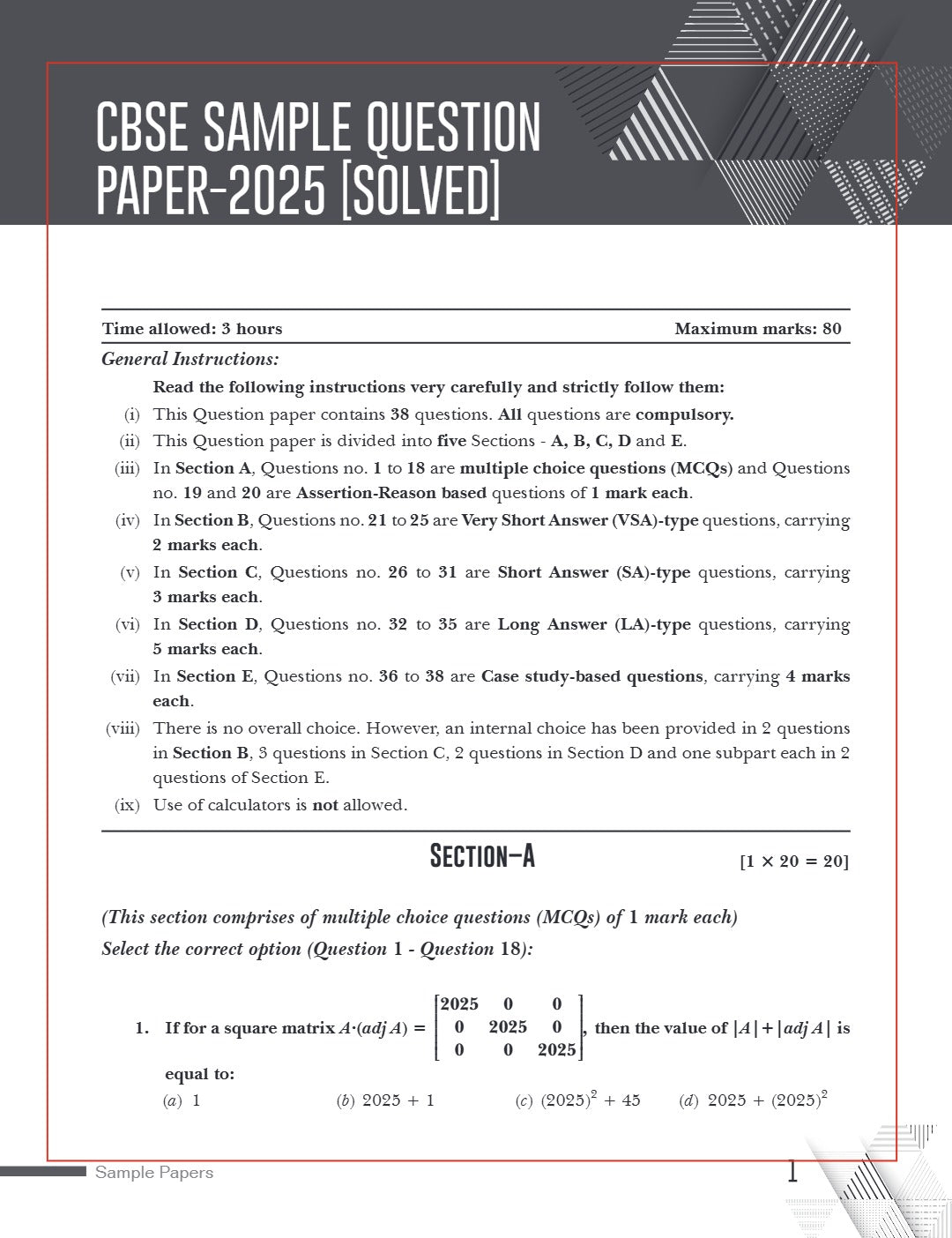 Xamidea Class 12 Mathematics Sample Papers for 2025 Board Exams | 15 Latest Papers Based on CBSE Sample Paper issued on Sept 2024