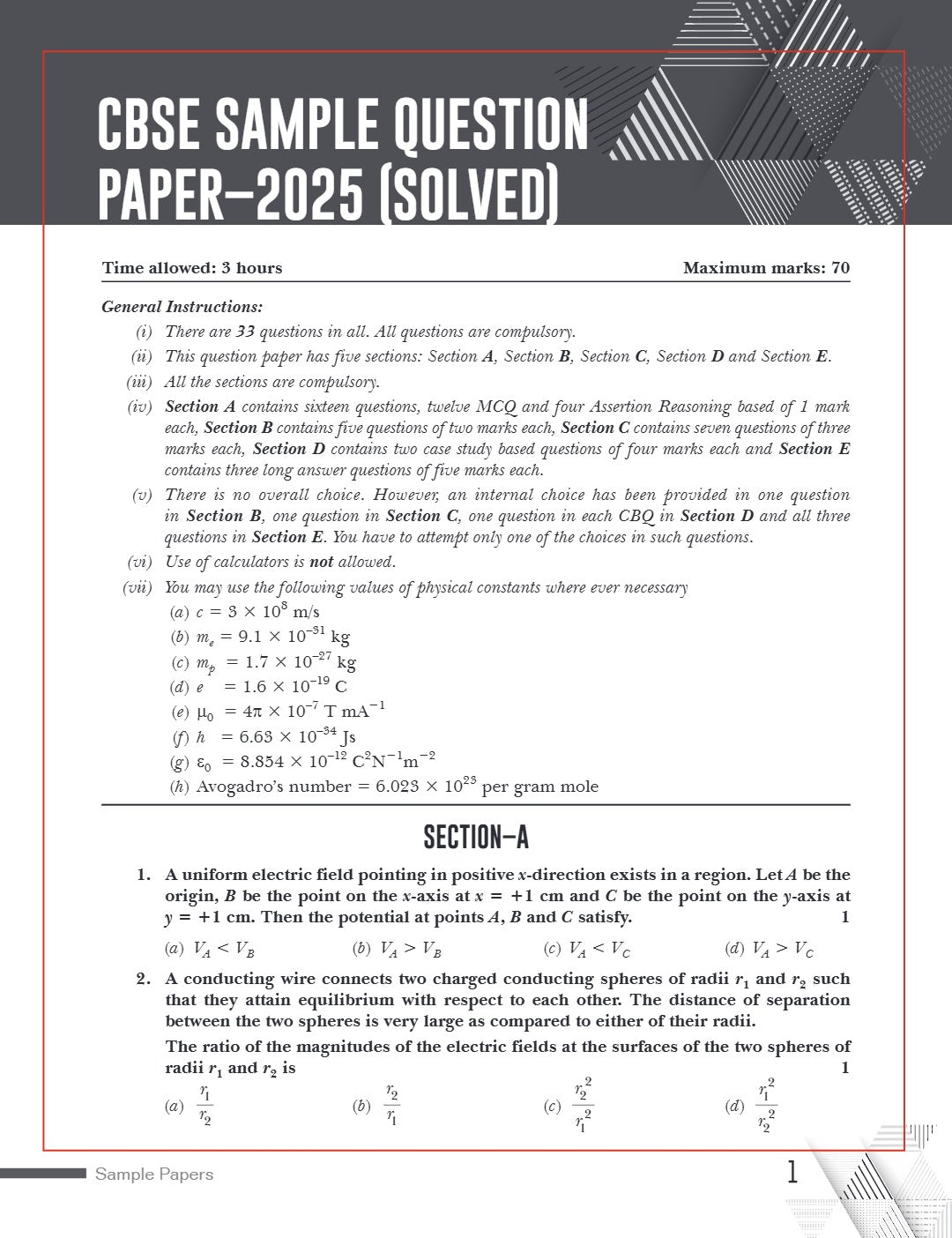 Xamidea Class 12 Physics Sample Papers for 2025 Board Exams | 15 Latest Papers Based on CBSE Sample Paper issued on Sept 2024