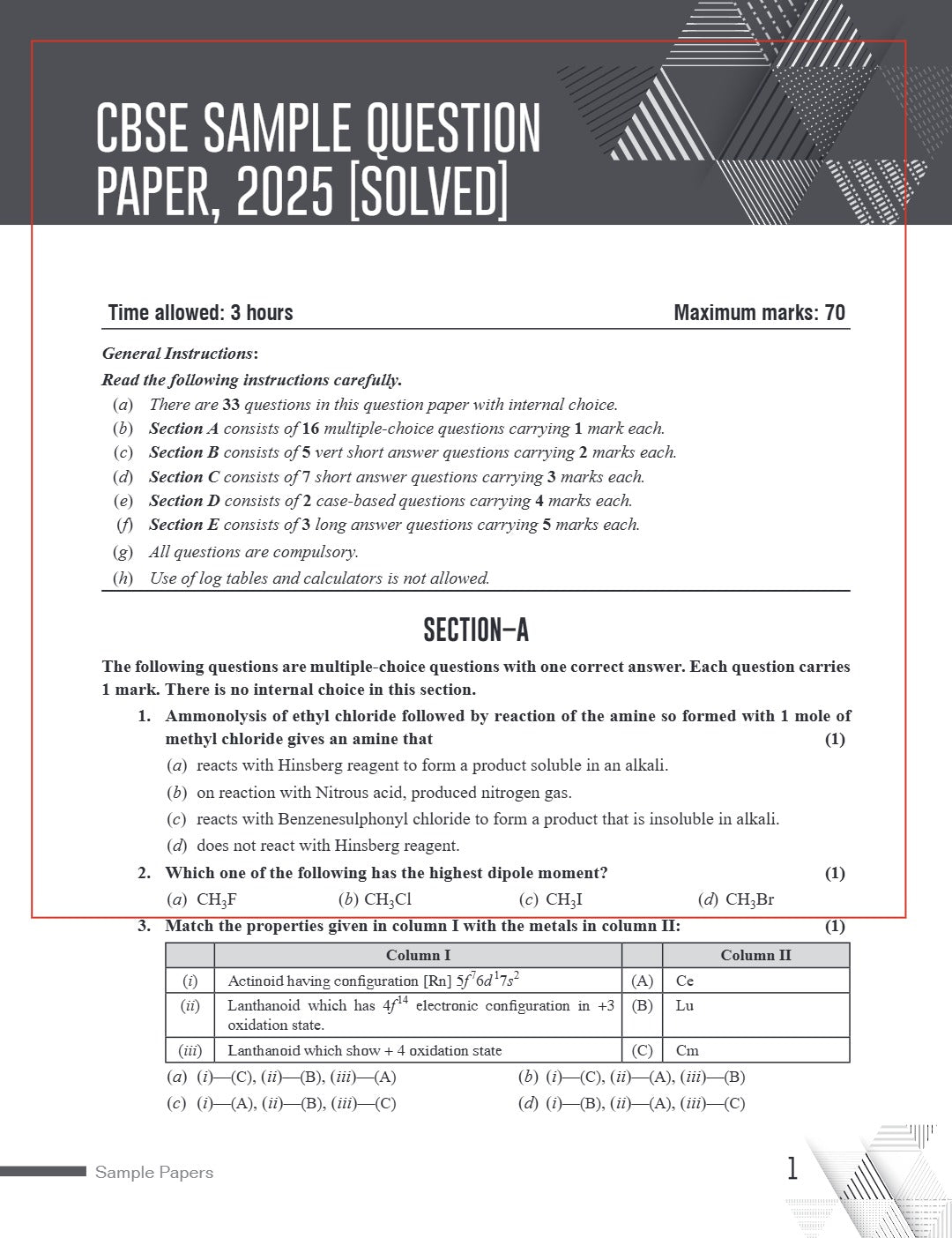 Xamidea Class 12 Chemistry Sample Papers for 2025 Board Exams | 15 Latest Papers Based on CBSE Sample Paper issued on Sept 2024